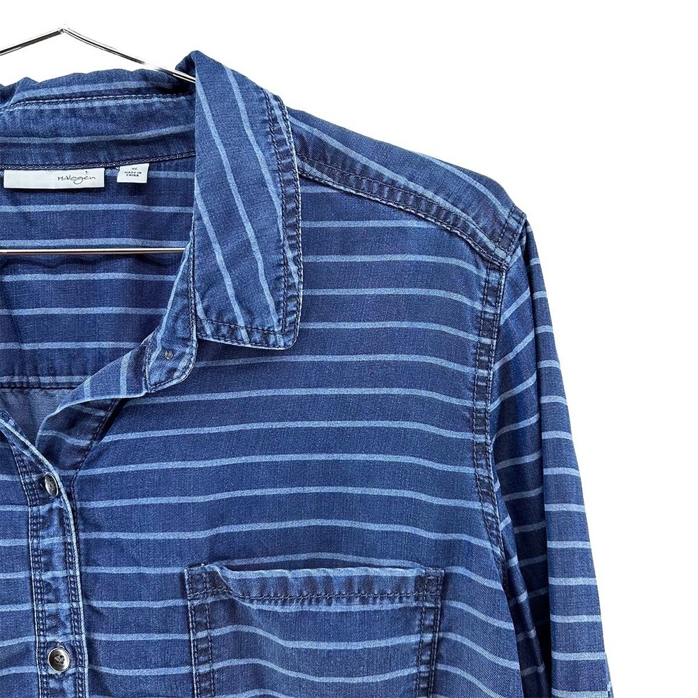 HALOGEN Tencel‎ Stripe Chambray L/S Button Up Blouse • XL • blue • preppy chic